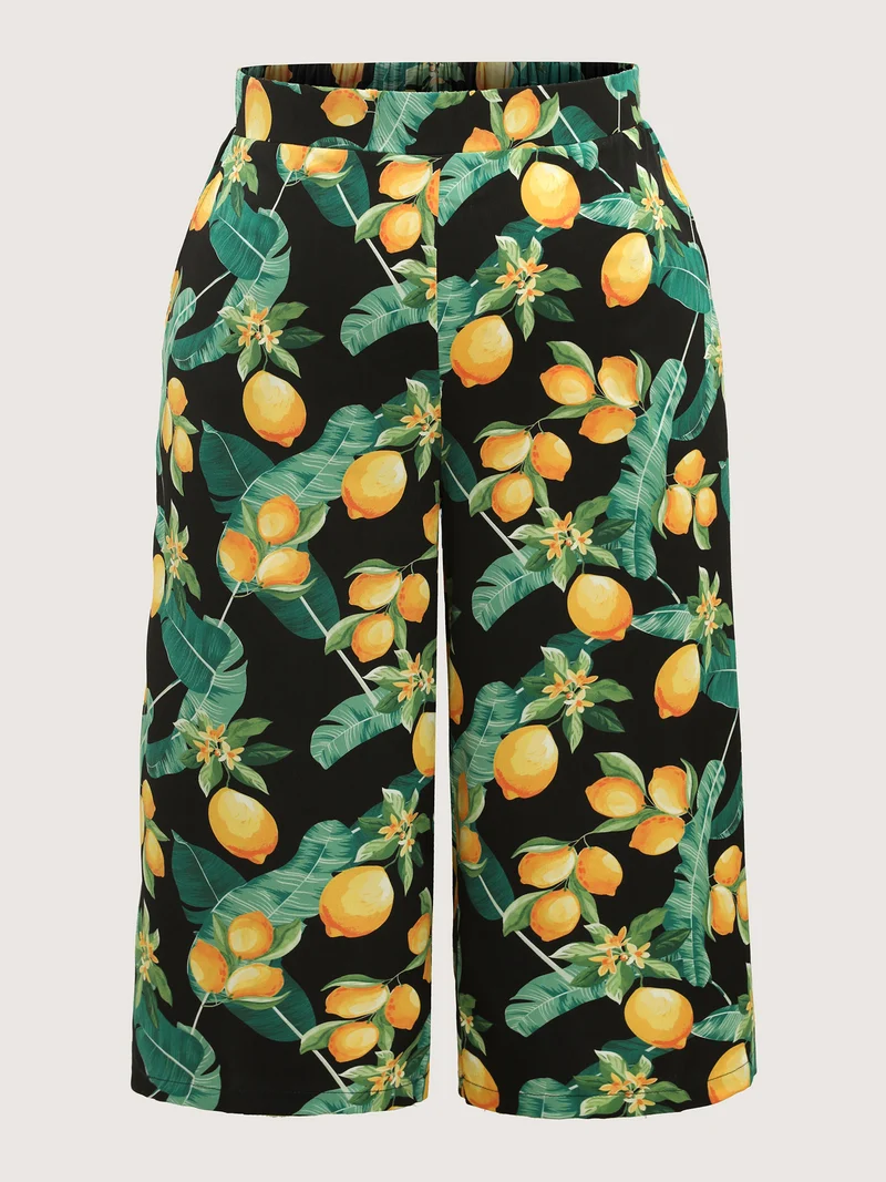 Citrus Print Wide-Leg Pants