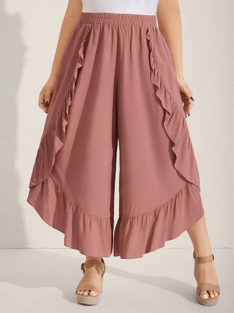 Lotus Leaf Edge Solid Wide-Leg Pants