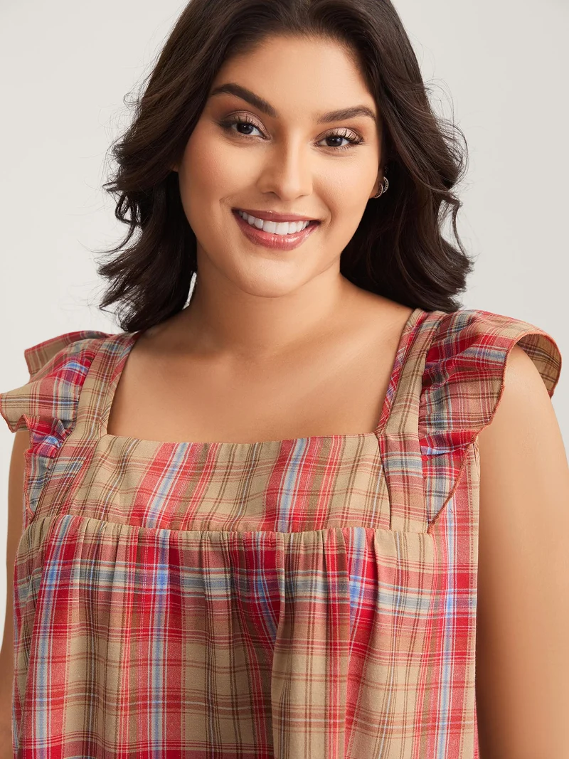 Plaid Print Flutter Sleeve Pleated Blouse