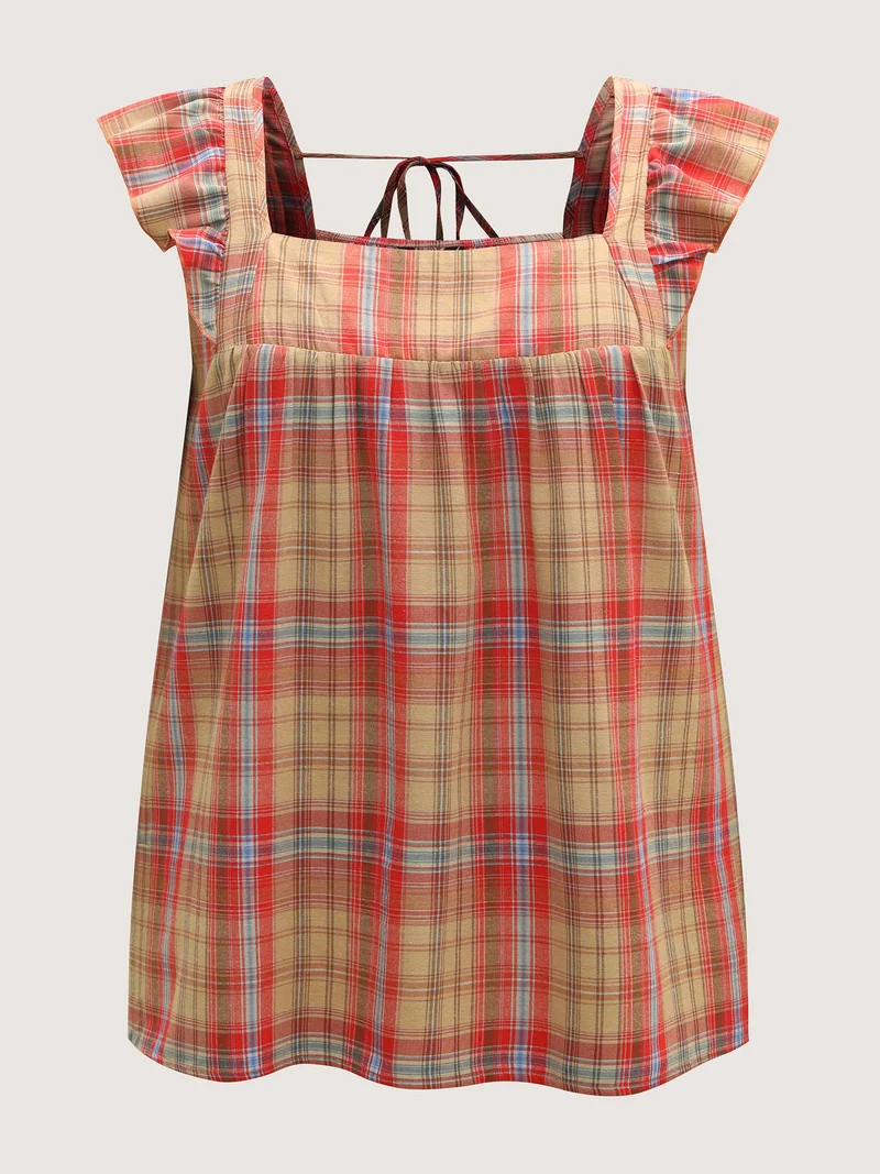 Plaid Print Flutter Sleeve Pleated Blouse