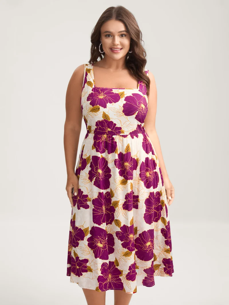 Large Floral Print Pockets Midi Dress