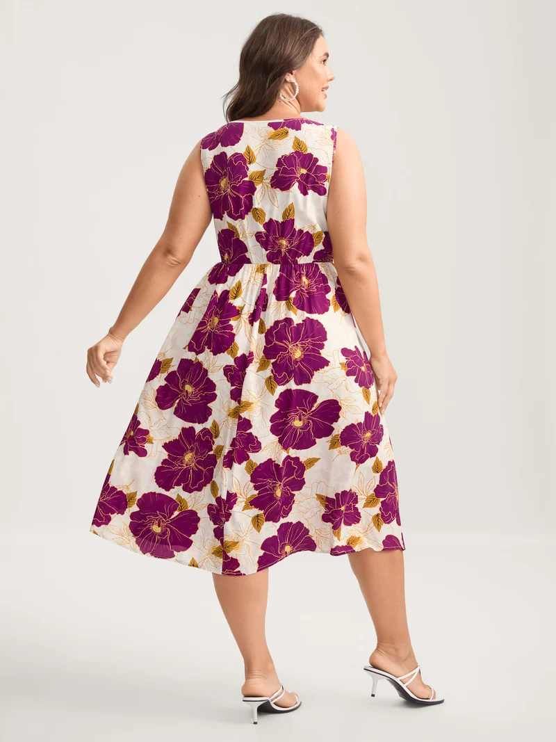 Large Floral Print Pockets Midi Dress