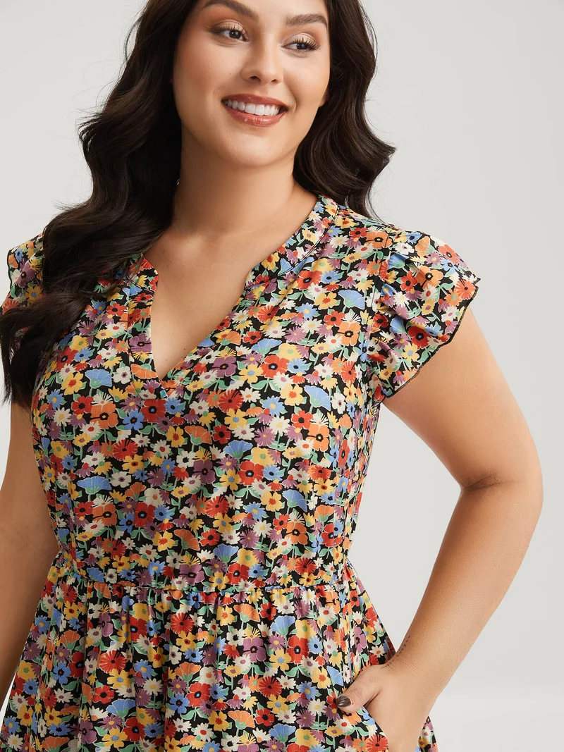 Rayon Colorful Floral Print Tiered Pockets Midi Dress