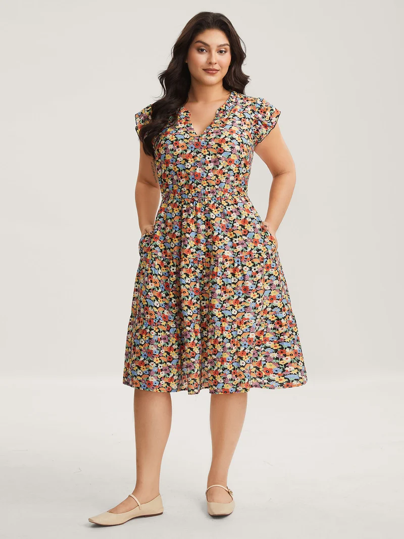Rayon Colorful Floral Print Tiered Pockets Midi Dress