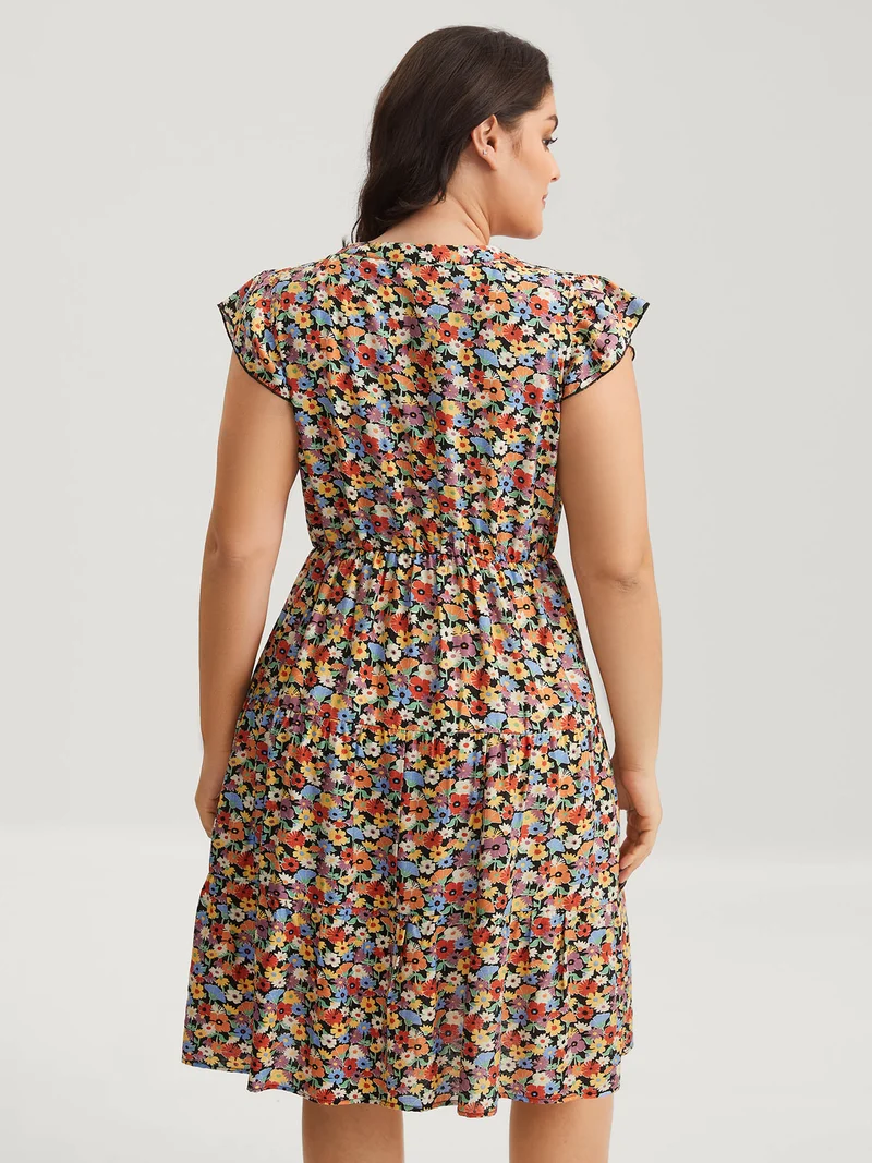 Rayon Colorful Floral Print Tiered Pockets Midi Dress