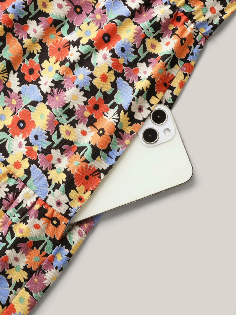 Rayon Colorful Floral Print Tiered Pockets Midi Dress