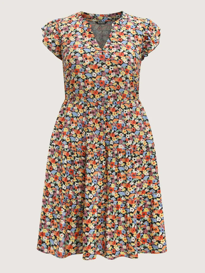 Rayon Colorful Floral Print Tiered Pockets Midi Dress
