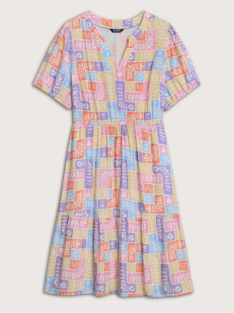 Rayon Floral Collage Stretchy Waist Midi Dress