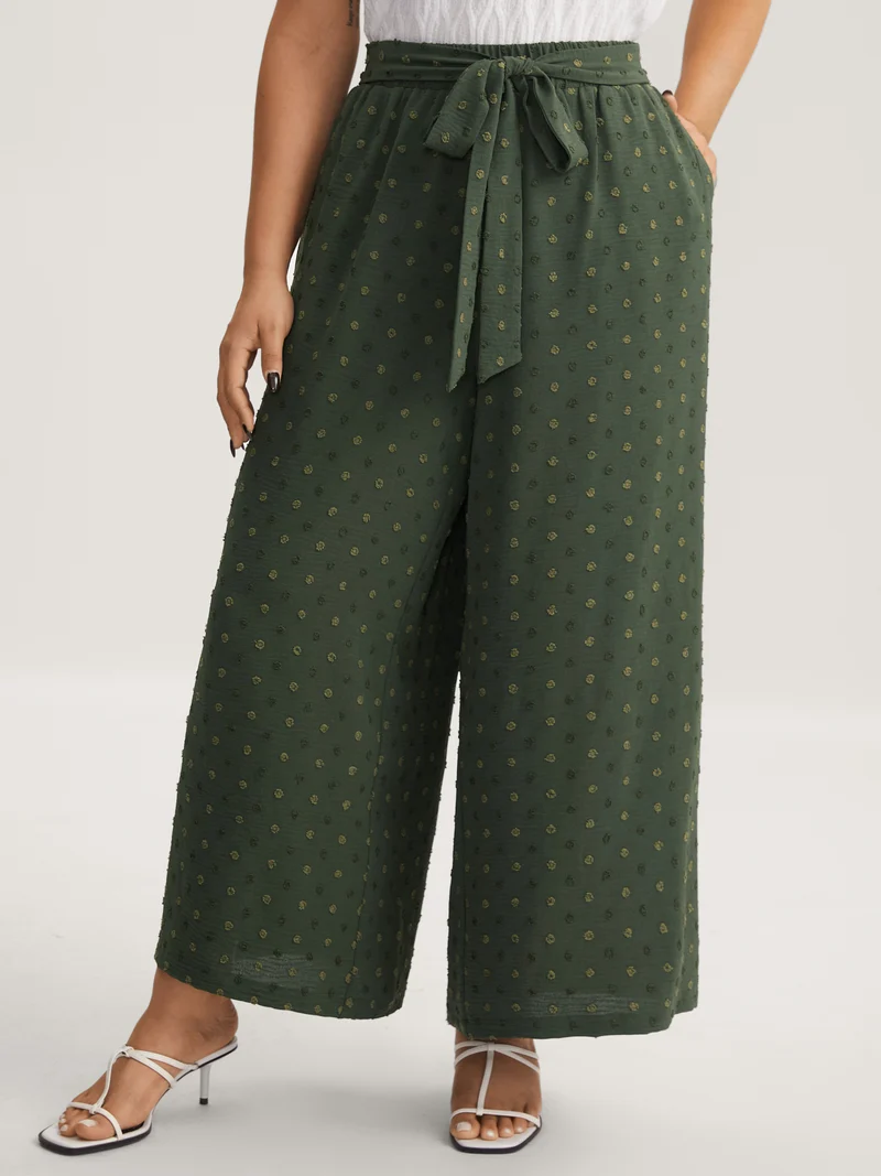 Textured Dots Belted Slit Flowy Pants