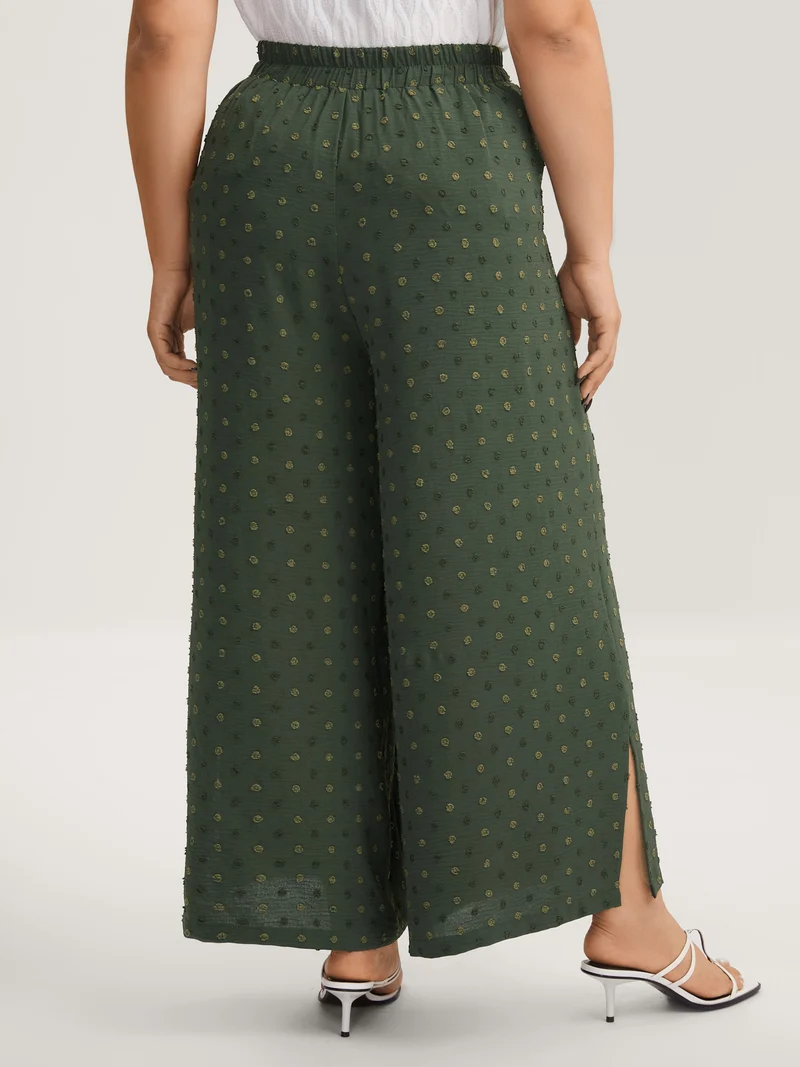 Textured Dots Belted Slit Flowy Pants