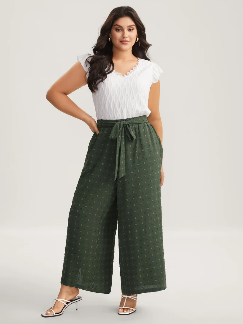 Textured Dots Belted Slit Flowy Pants