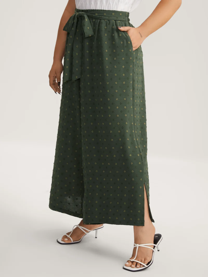 Textured Dots Belted Slit Flowy Pants
