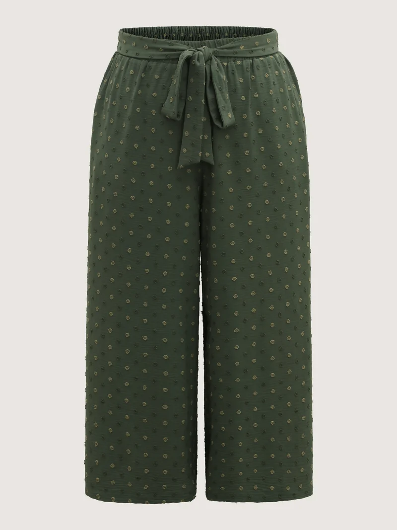 Textured Dots Belted Slit Flowy Pants