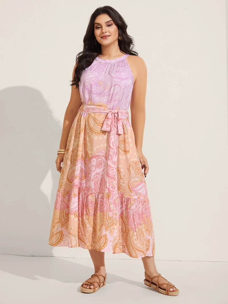 Paisley Print Belted Color Contrast Midi Dress