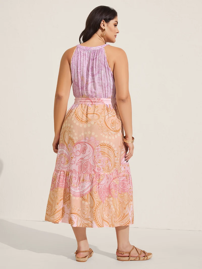 Paisley Print Belted Color Contrast Midi Dress