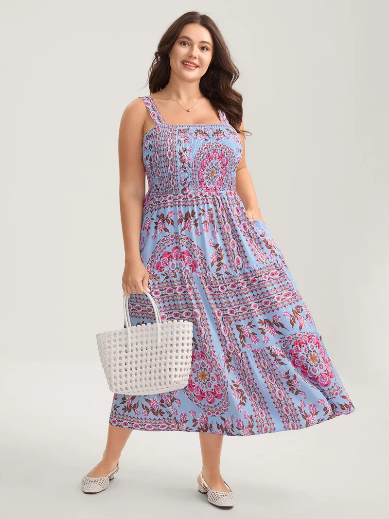 Rayon Floral Print Shirred Pockets Midi Dress