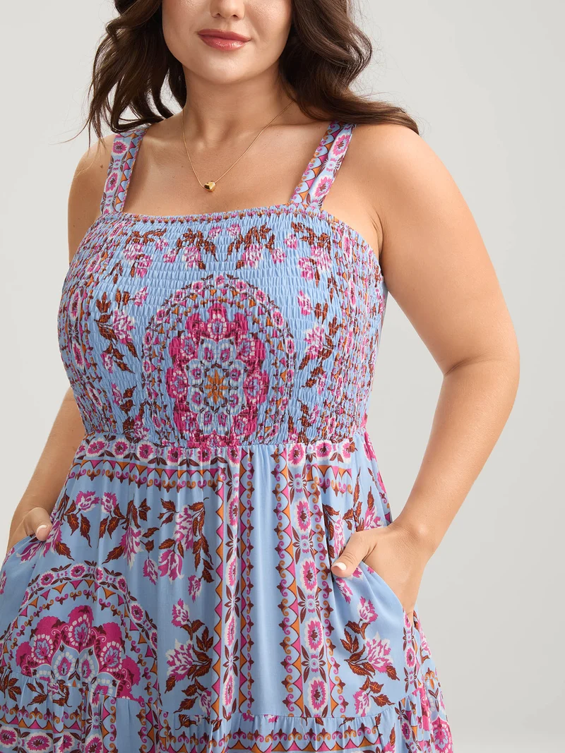 Rayon Floral Print Shirred Pockets Midi Dress