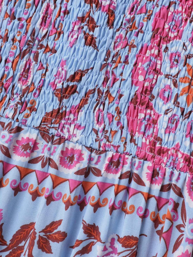 Rayon Floral Print Shirred Pockets Midi Dress