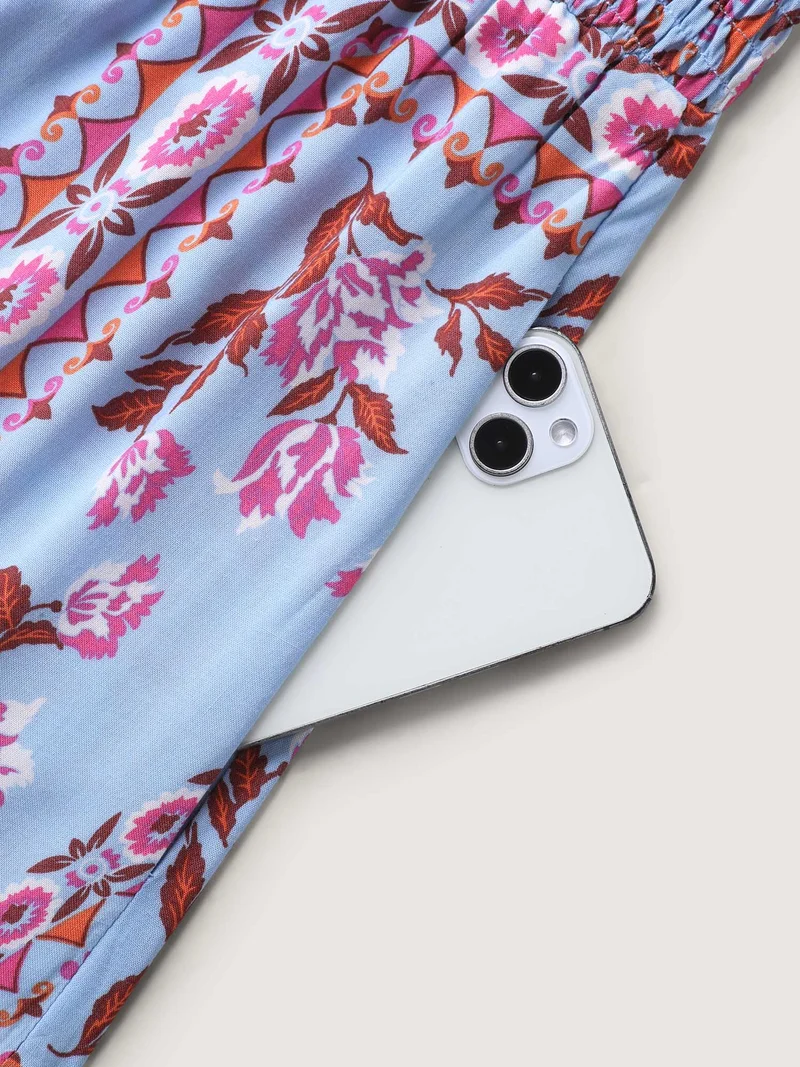 Rayon Floral Print Shirred Pockets Midi Dress