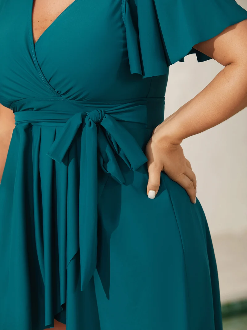 Belted Lotus Leaf Sleeve Swim Dress