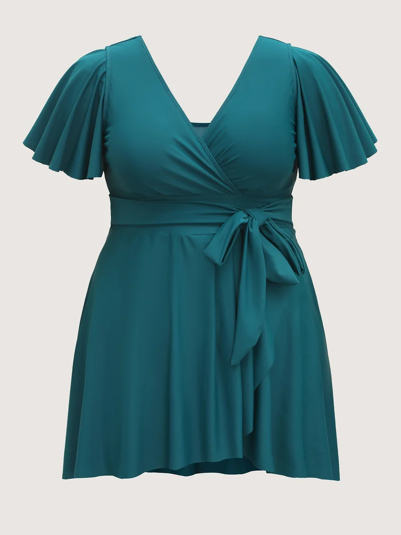 Belted Lotus Leaf Sleeve Swim Dress