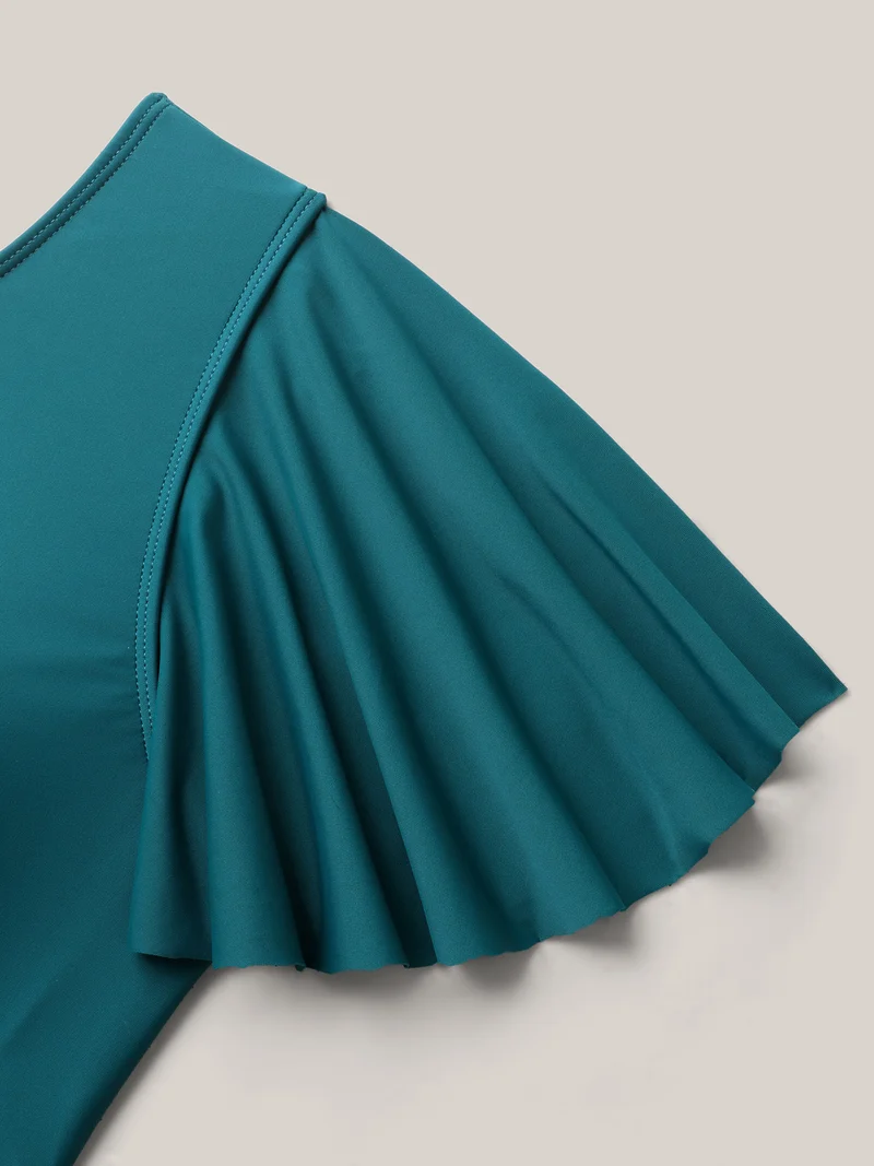 Belted Lotus Leaf Sleeve Swim Dress