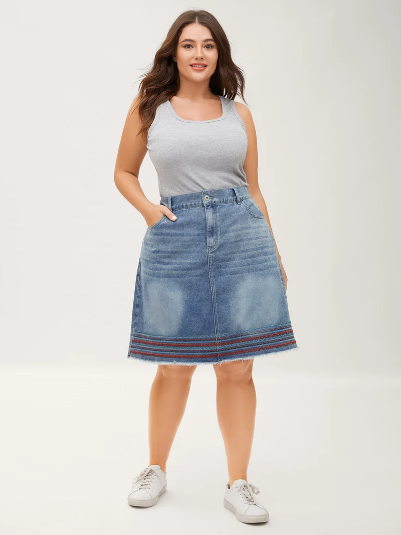 Colorful Hem Classic Cut Denim Skirt