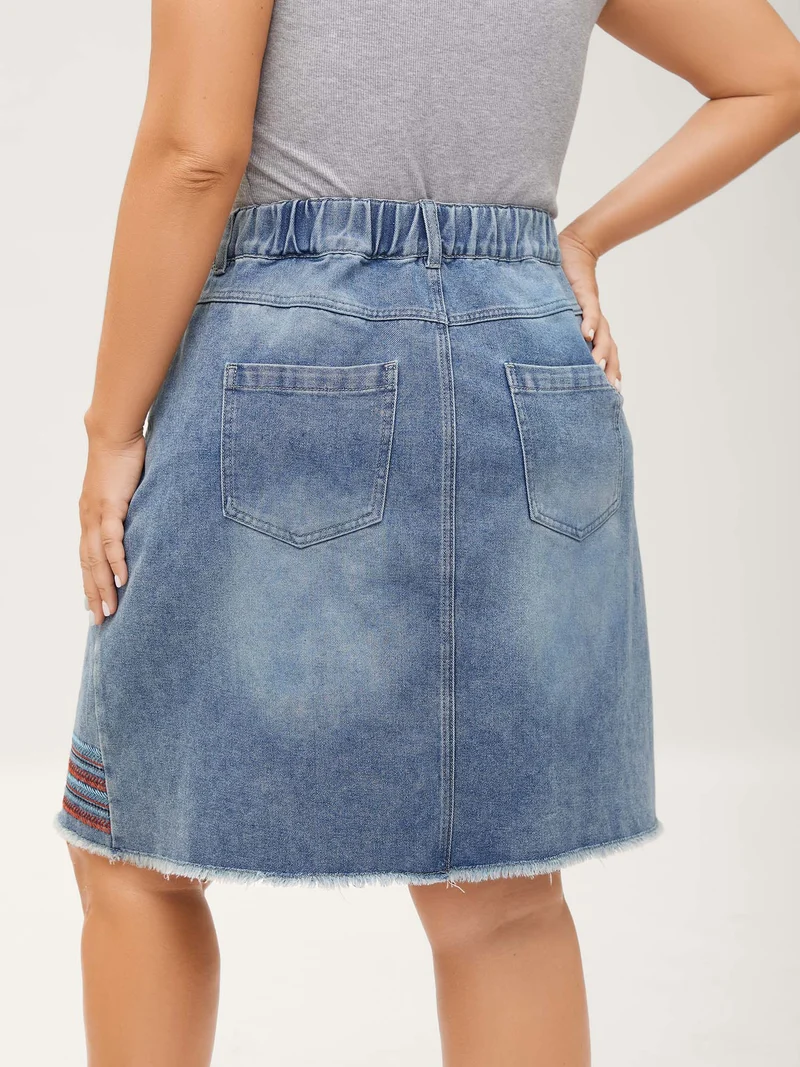 Colorful Hem Classic Cut Denim Skirt