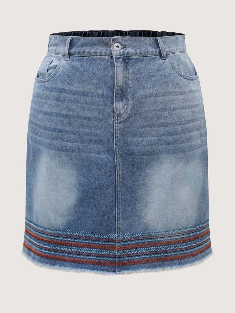 Colorful Hem Classic Cut Denim Skirt