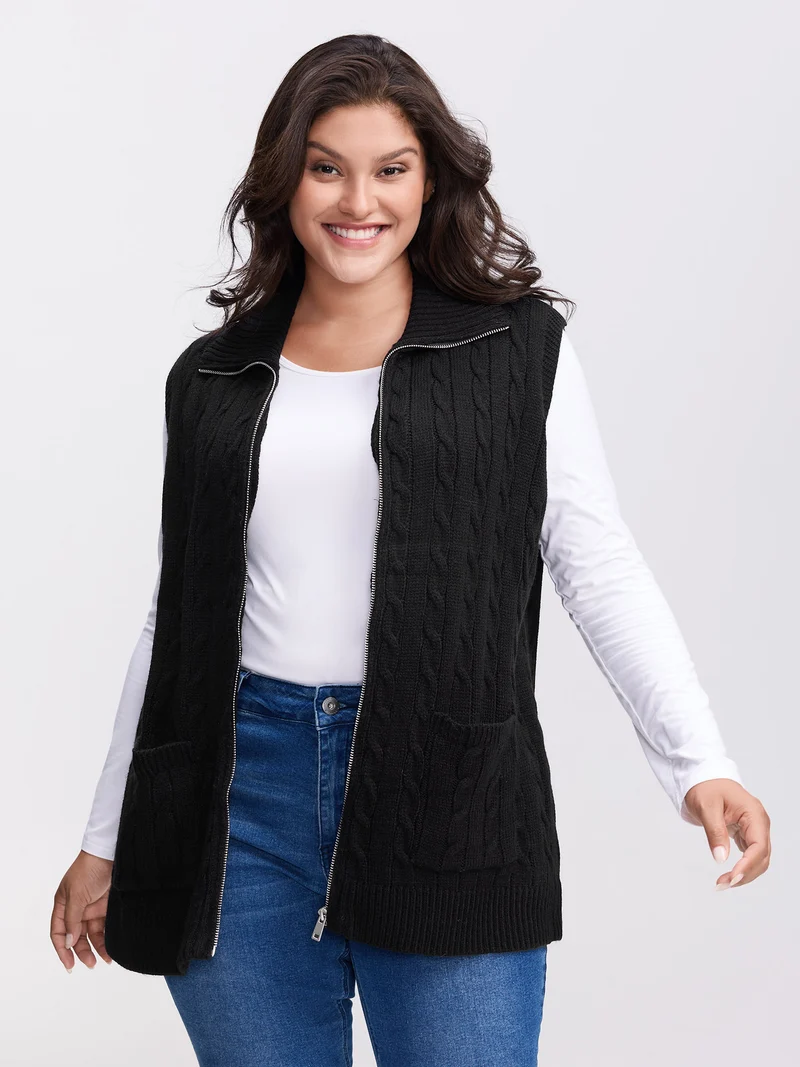 Cable Zipper Sleeveless Knit Cardigan