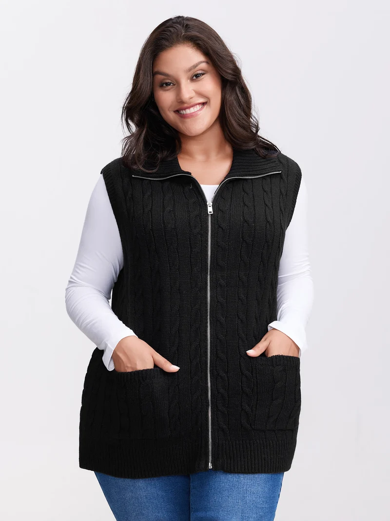 Cable Zipper Sleeveless Knit Cardigan