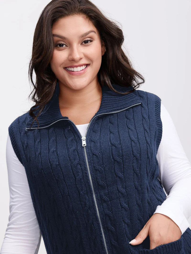 Cable Zipper Sleeveless Knit Cardigan
