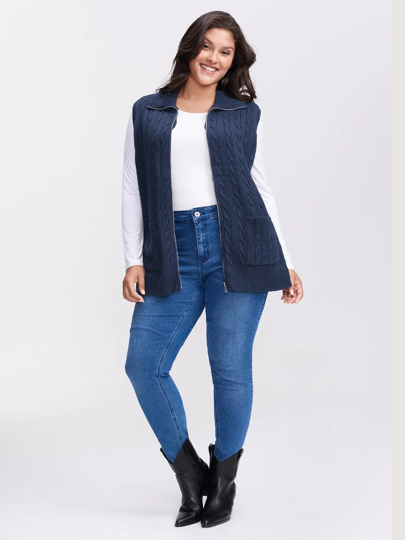Cable Zipper Sleeveless Knit Cardigan