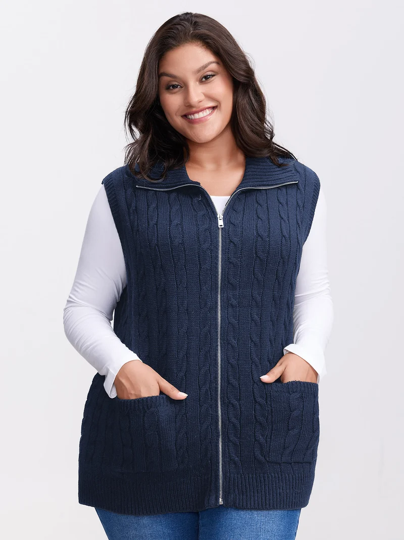 Cable Zipper Sleeveless Knit Cardigan