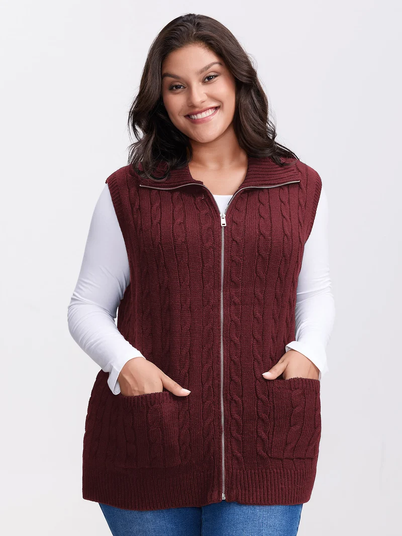 Cable Zipper Sleeveless Knit Cardigan