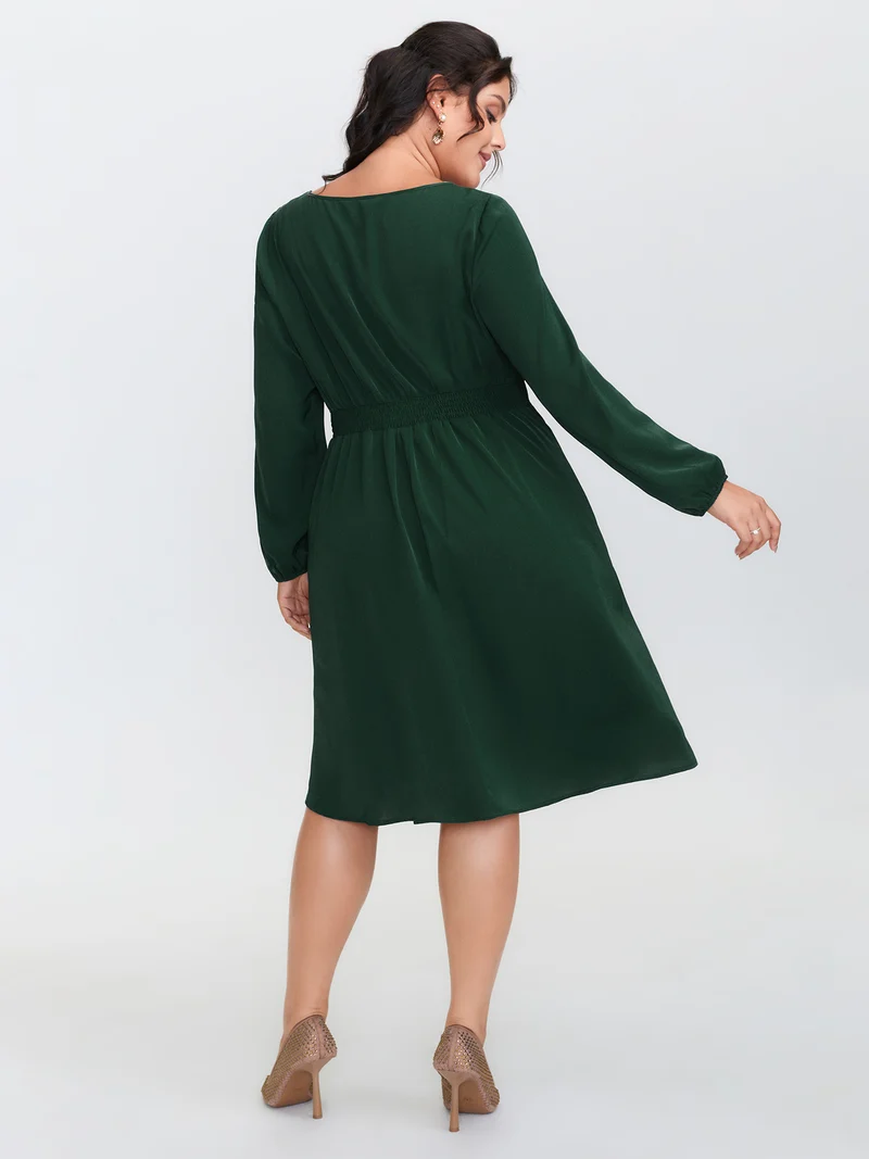 Cinched-Tie Waist Shirred Midi Dress