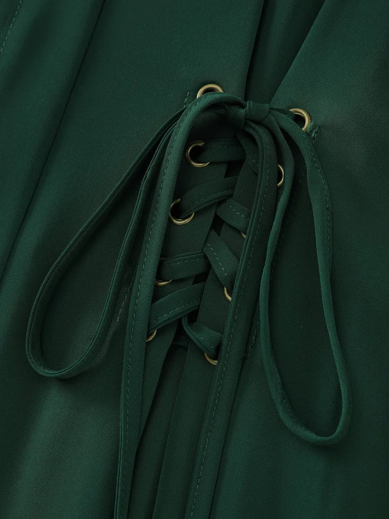Cinched-Tie Waist Shirred Midi Dress