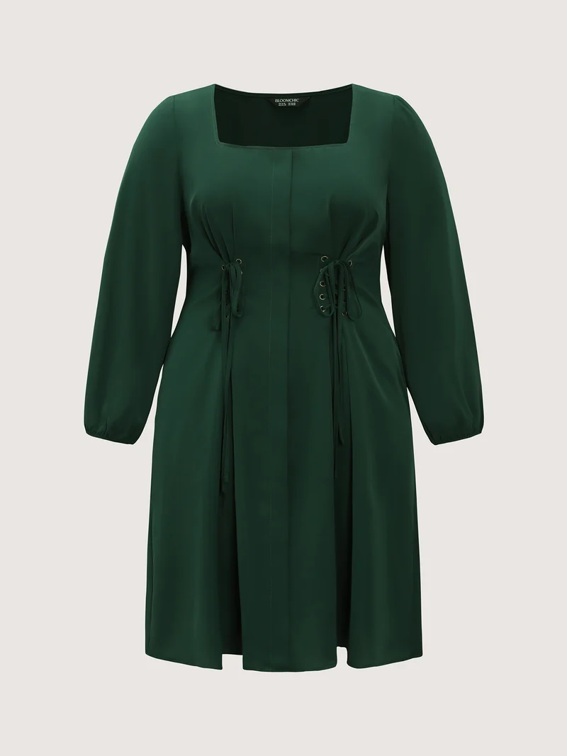 Cinched-Tie Waist Shirred Midi Dress