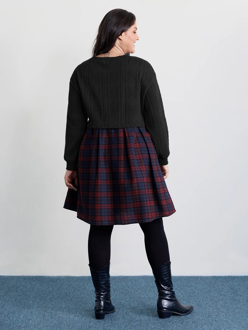 Layered Plaid Pockets Midi Dress