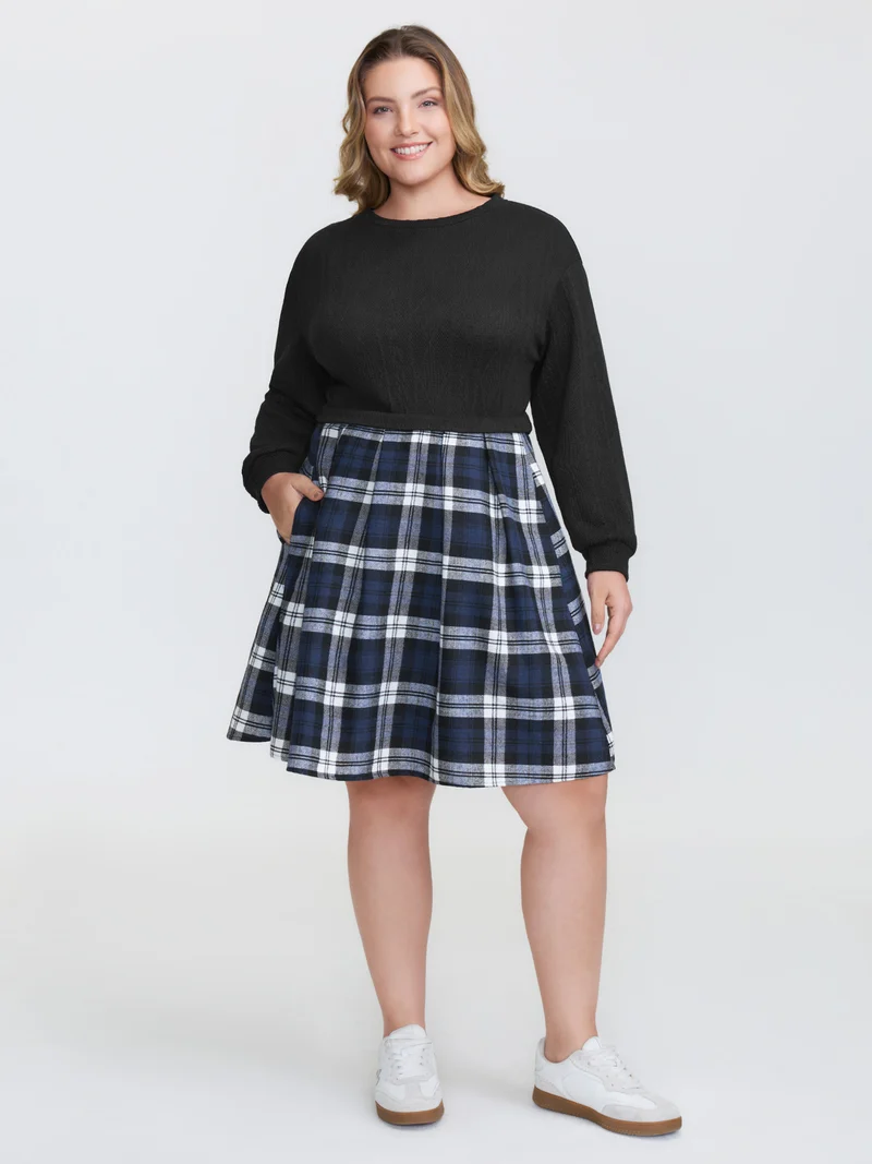 Layered Plaid Pockets Midi Dress