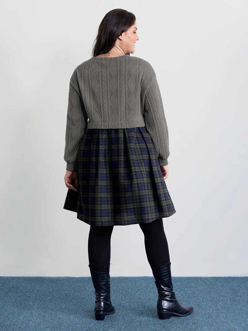 Layered Plaid Pockets Midi Dress