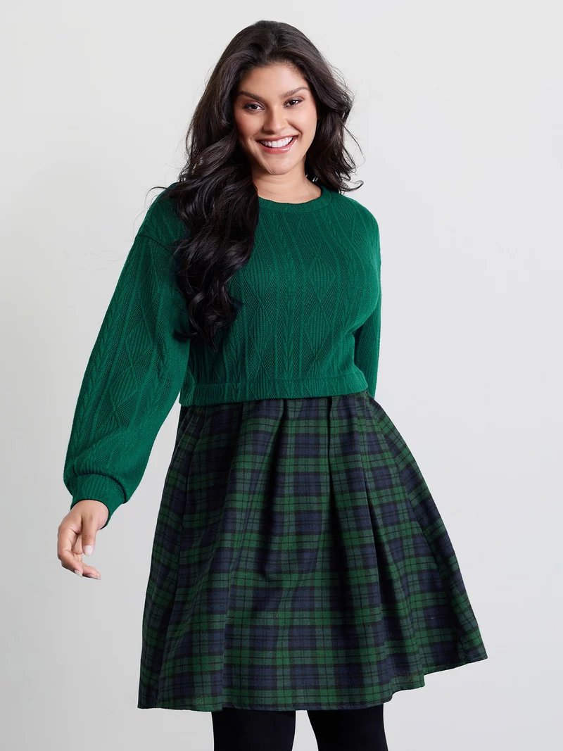 Layered Plaid Pockets Midi Dress