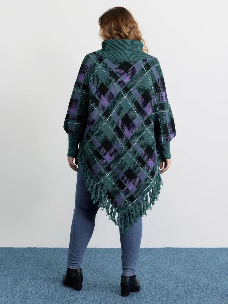 Holiday Plaid Turtleneck Fringe Hem Pullover