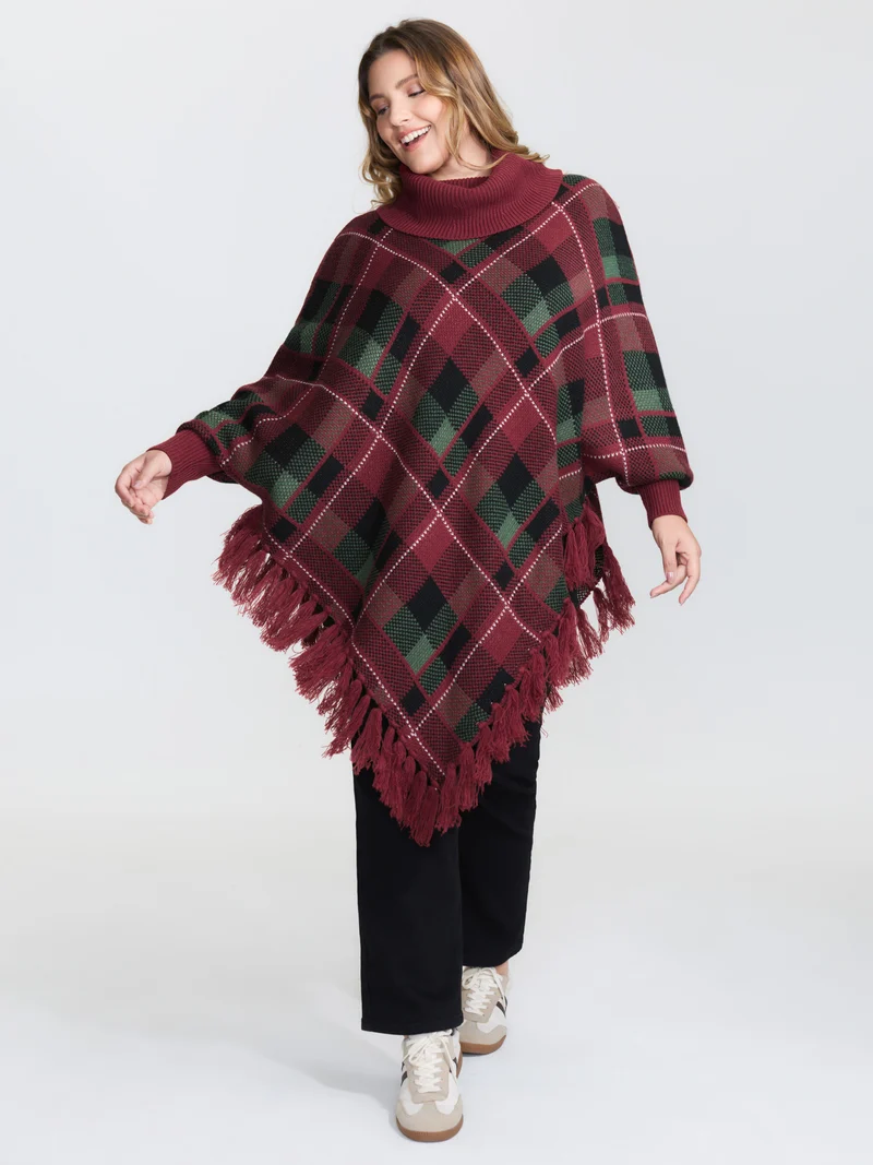 Holiday Plaid Turtleneck Fringe Hem Pullover