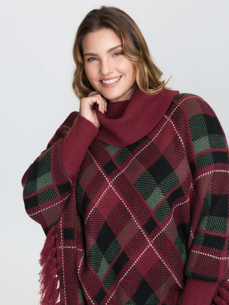 Holiday Plaid Turtleneck Fringe Hem Pullover