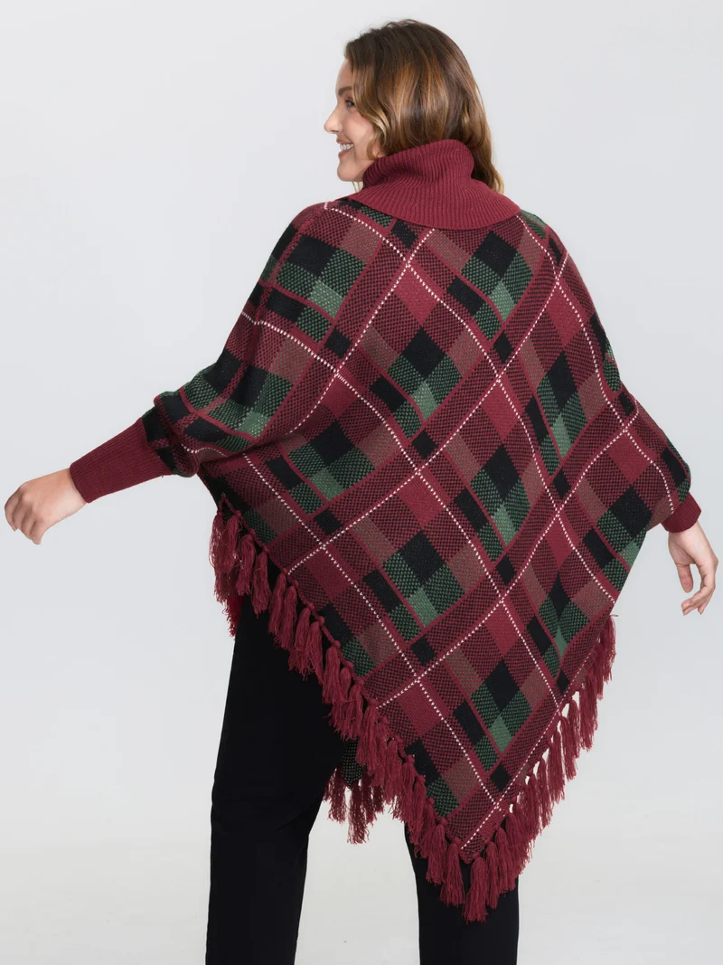 Holiday Plaid Turtleneck Fringe Hem Pullover