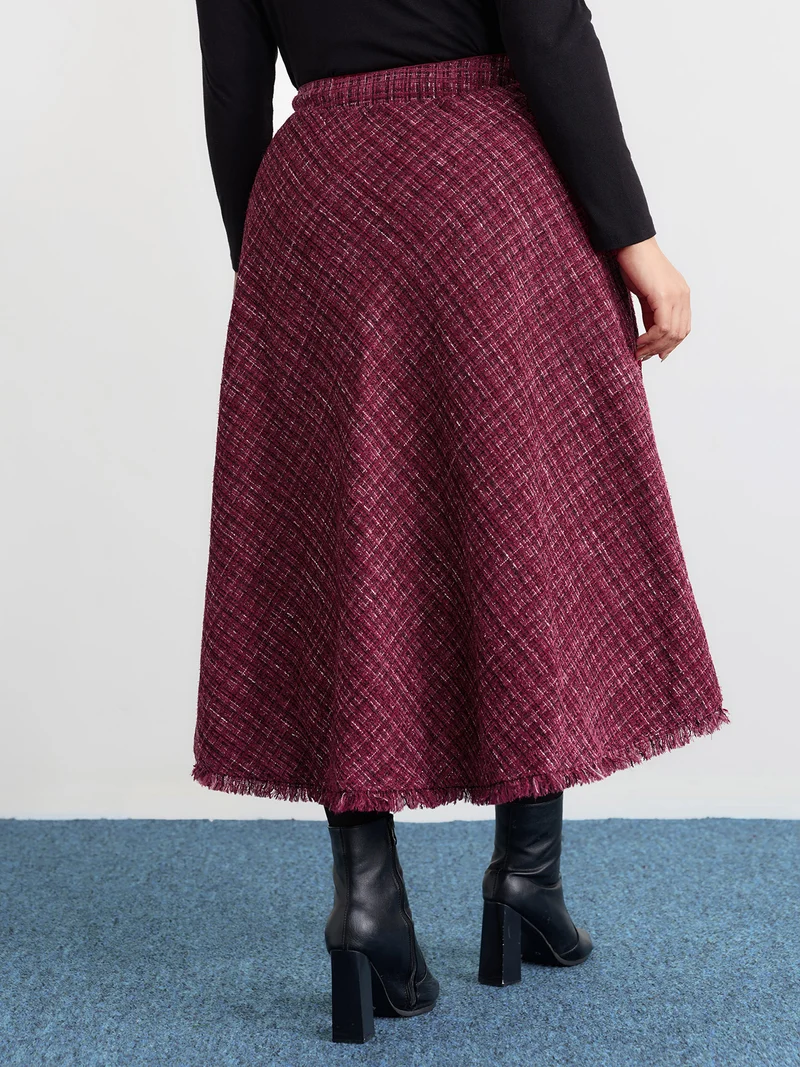 Tweed Fringe Hem Flowy Maxi Skirt