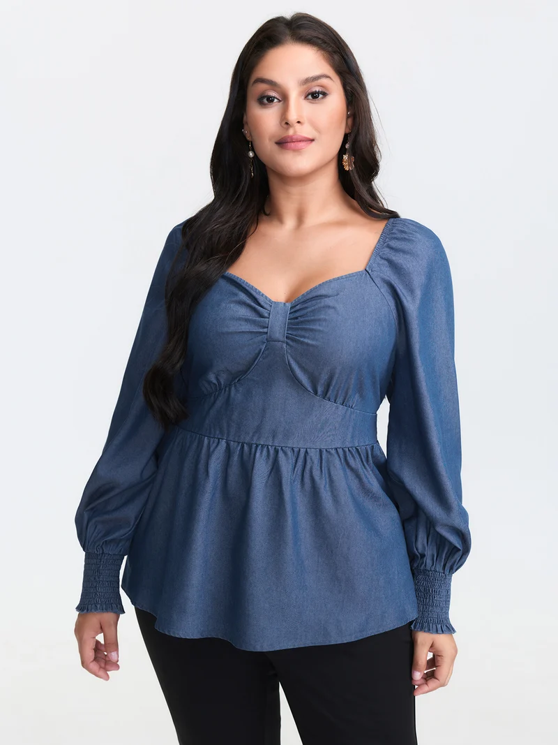 Denim Shirred Back Sweetheart Neck Blouse