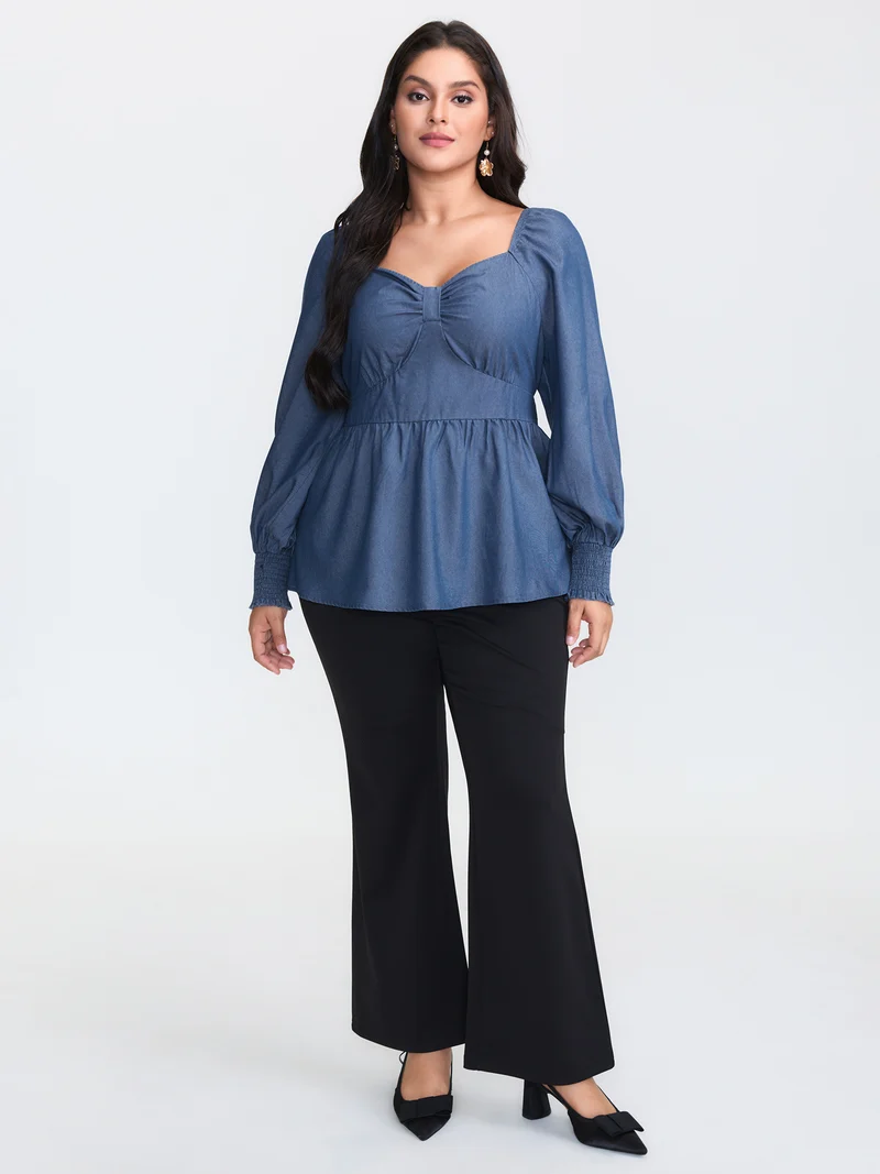 Denim Shirred Back Sweetheart Neck Blouse