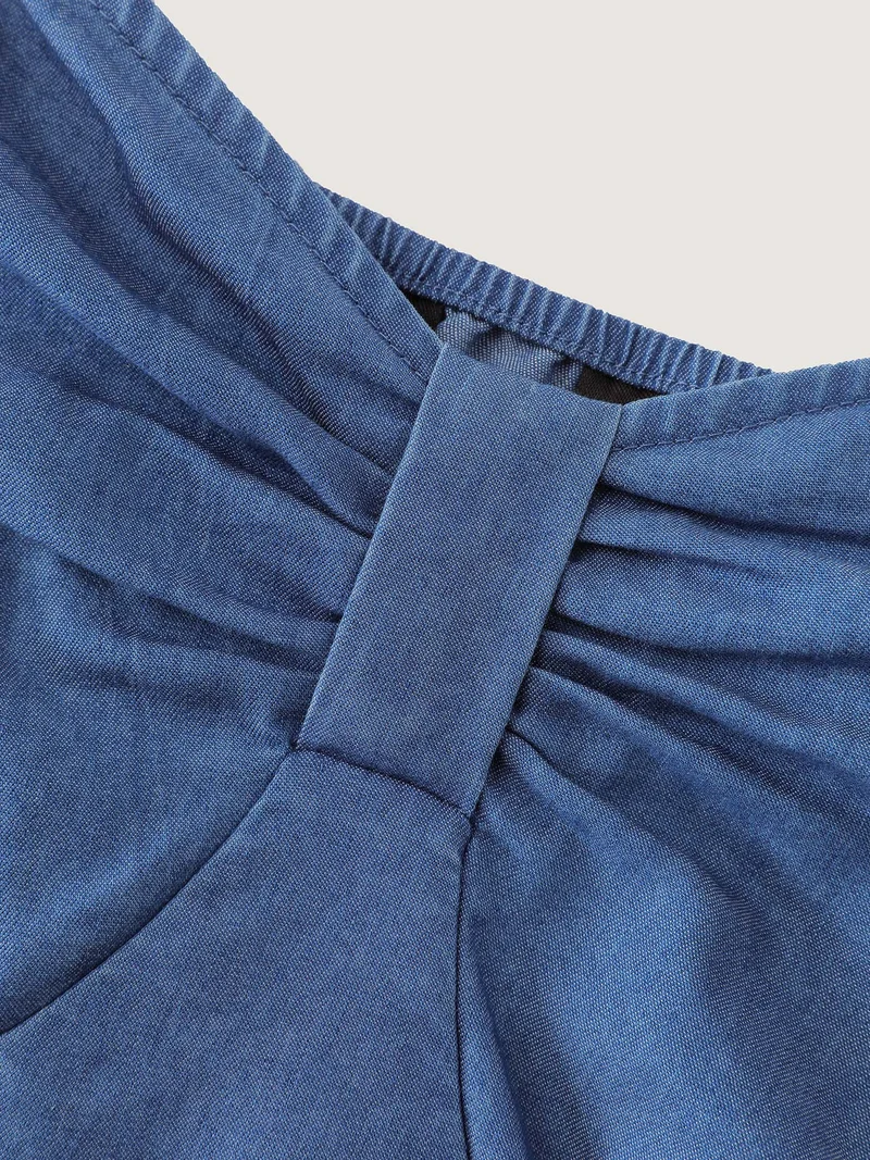 Denim Shirred Back Sweetheart Neck Blouse